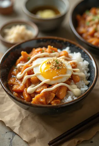Kimchi-majonézes Oyakodon tálalva, tojással és rizsel