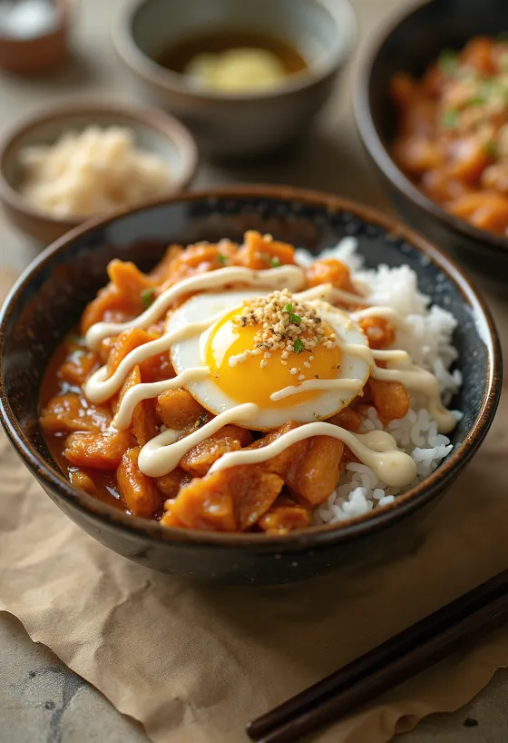 Kimchi-majonézes Oyakodon tálalva, tojással és rizsel