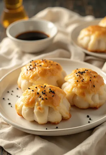 Kínai sült baozi ropogós aljú tésztával, tányéron tálalva