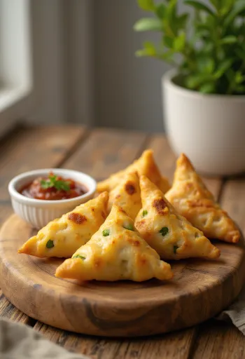 Klasszikus indiai burgonyás samosa tálalva