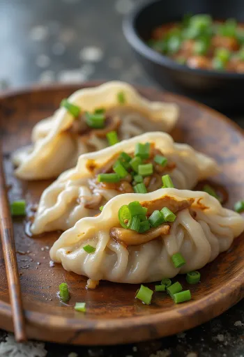 Koreai gombás mandu tofuval és zöldségekkel tálalva