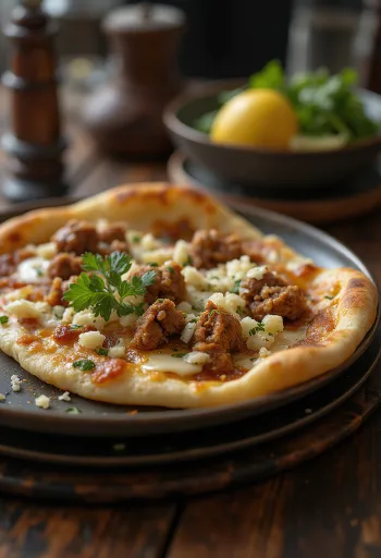 Lahmacun fokhagymával, friss tésztával és fűszeres húsos töltelékkel tálalva