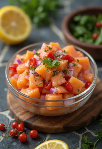 Lomi salmon citromlével, lazac, paradicsom és friss zöldfűszerek