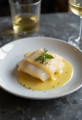 Lutefisk mustáros mártással tálalva