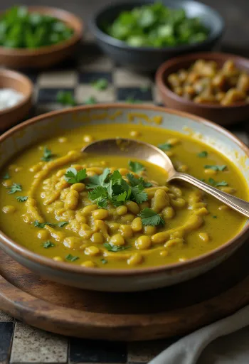 Moong dal zöld lencse tál friss korianderrel díszítve