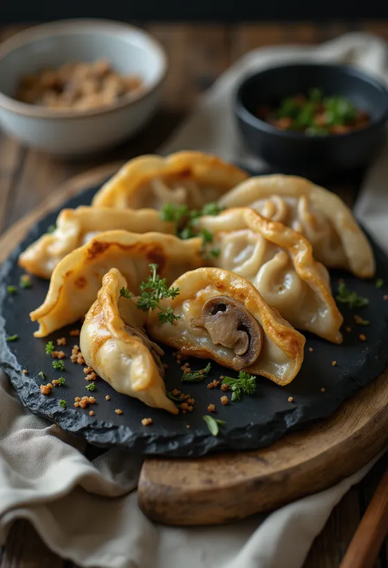 Mushroom Gyoza tálalva gombás töltelékkel és szójaszószos mártogatóval