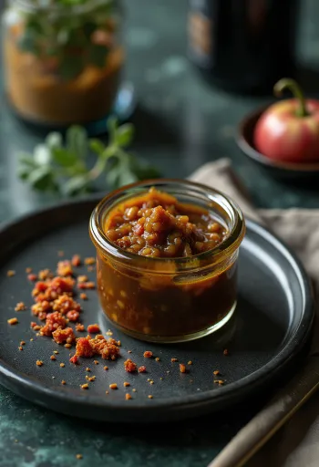 Mustáros chilis balzsamecetszósz tálalva