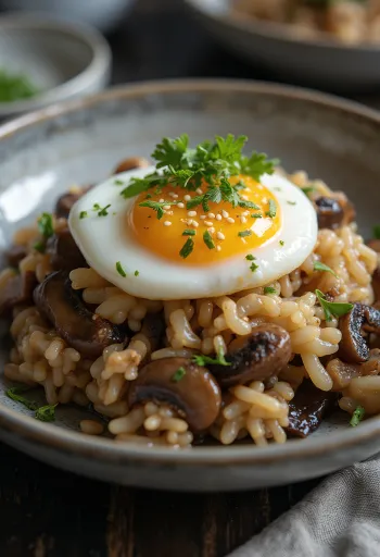 Onsen Tamago gombás rizzsel tálalva