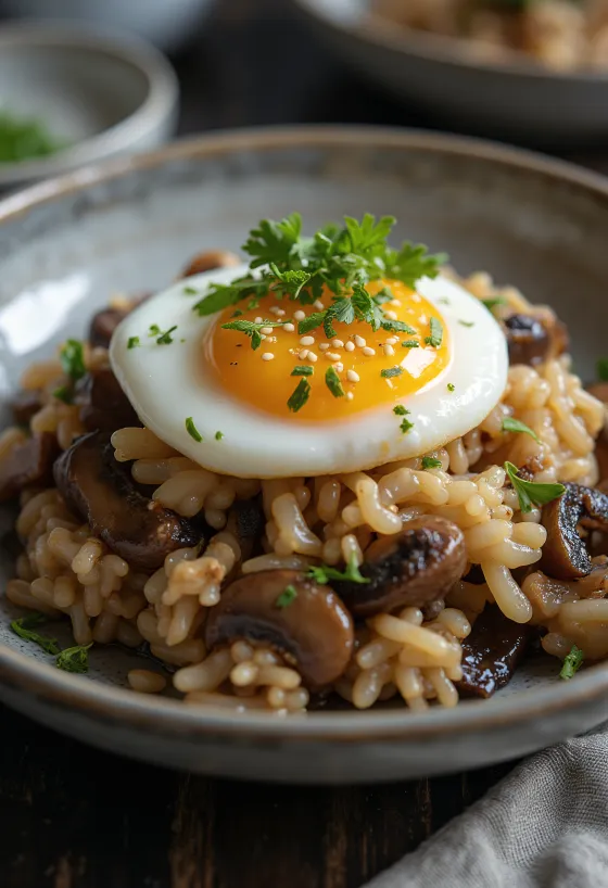 Onsen Tamago gombás rizzsel tálalva