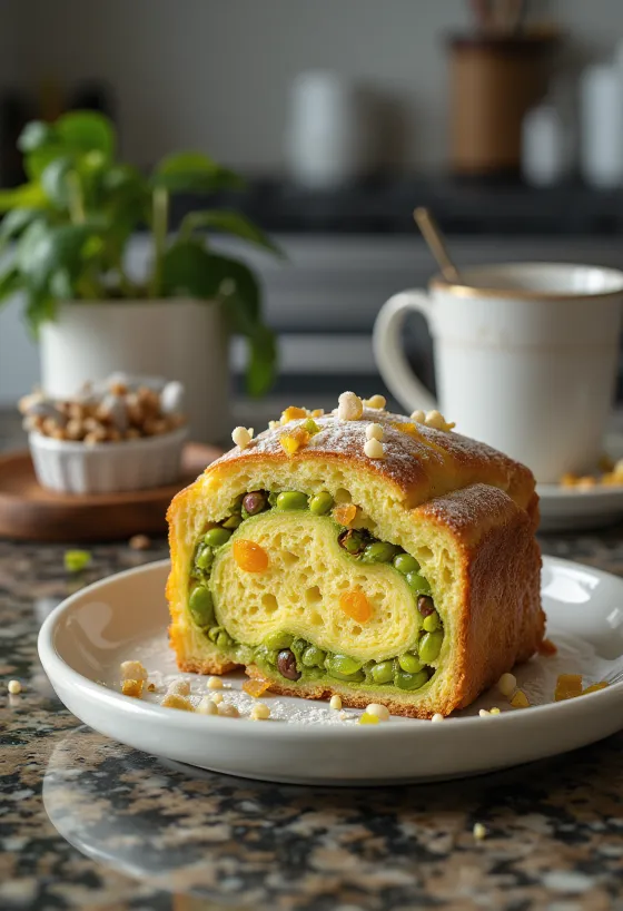Panettone pisztáciával, frissen sülve és cukorral megszórva