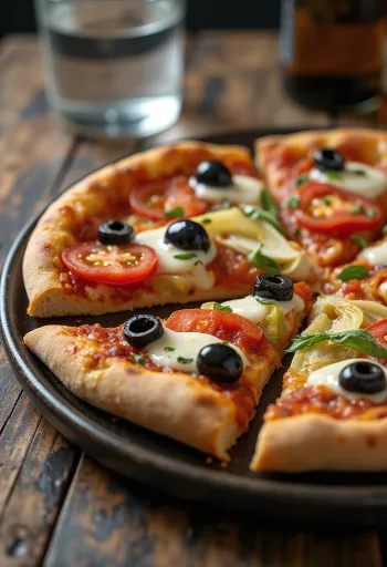 Pizza Mediterranea olívabogyóval, paradicsommal és articsókával
