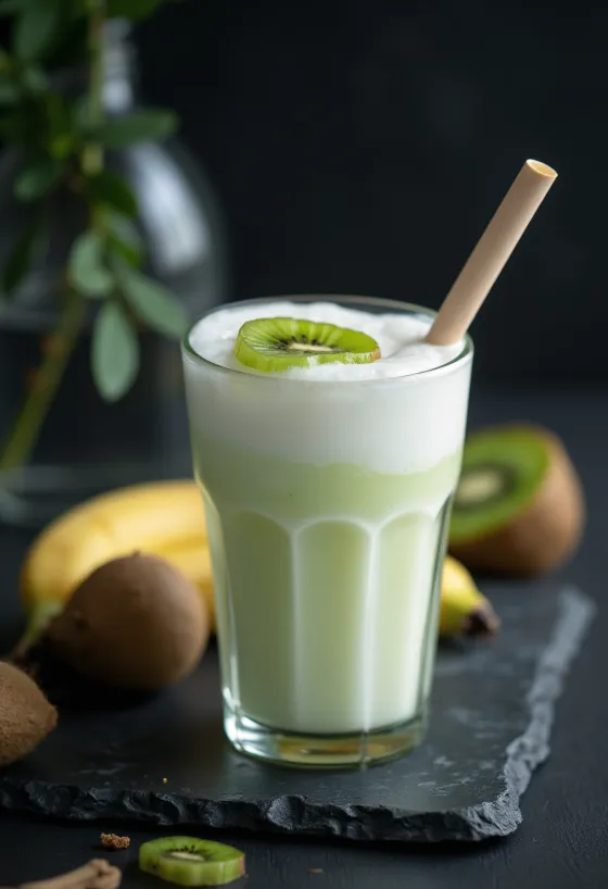Probiotikus Banán-kiwi kefir, friss és egészséges ital banánnal és kivit tartalmaz