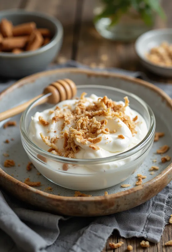 Fahéjas-kókuszos joghurt ital poharakban tálalva, világos krémes árnyalatban, a tetején kevés kókuszreszelékkel