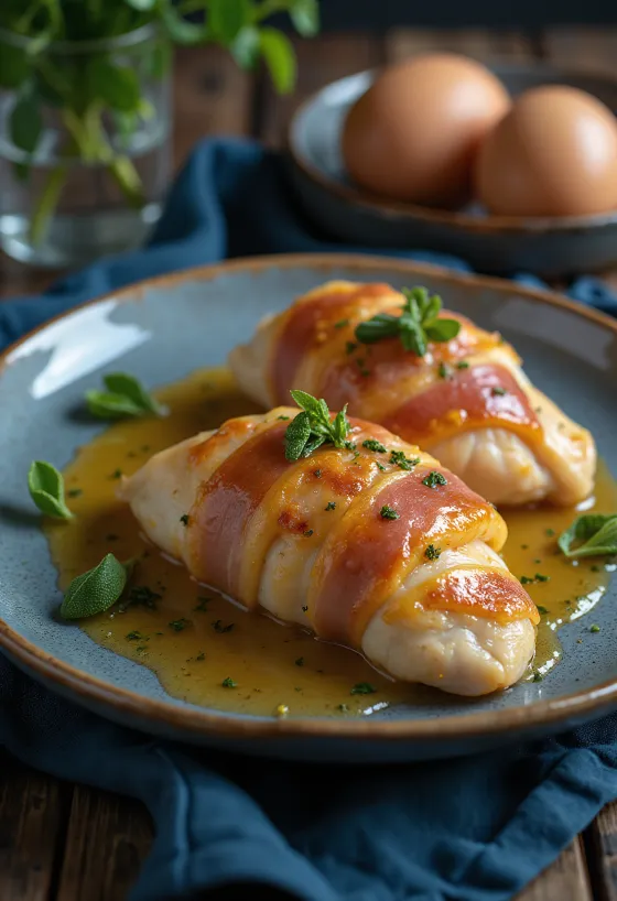Saltimbocca csirkemellel, prosciuttóval és zsályával tálalva, fehérboros szósszal