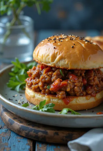 Csípős paprikával készült Sloppy Joe szendvics, gazdagon elhelyezett darálthúsos töltelékkel