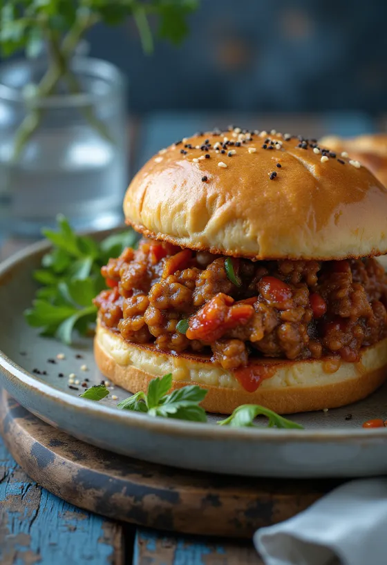 Csípős paprikával készült Sloppy Joe szendvics, gazdagon elhelyezett darálthúsos töltelékkel