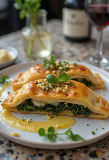 Spanakopita fokhagymával, spenótos és feta sajtos töltelékkel, ropogós filo tésztában