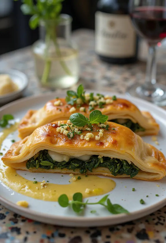 Spanakopita fokhagymával, spenótos és feta sajtos töltelékkel, ropogós filo tésztában