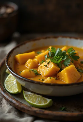 Sütőtökös curry lime-mal tálalva, friss korianderrel megszórva