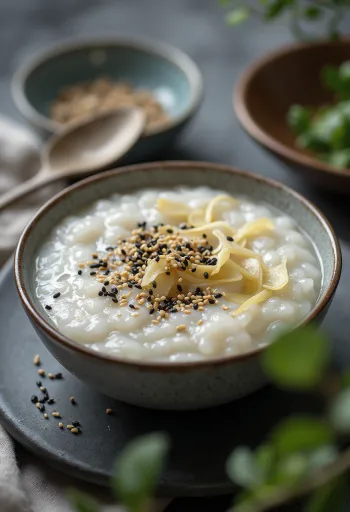 Szezámmagos Congee, krémes rizs tálalva pirított szezámmaggal és friss gyömbérrel