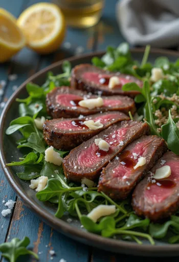 Tagliata di manzo rukolával és parmezánnal tálalva