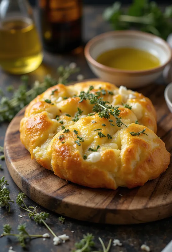 Tiganopsomo feta és graviera sajttal, friss oregánóval díszítve.
