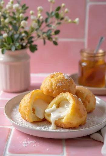 Æbleskiver ricottás töltelékkel, aranybarna színben, porcukorral megszórva tálalva
