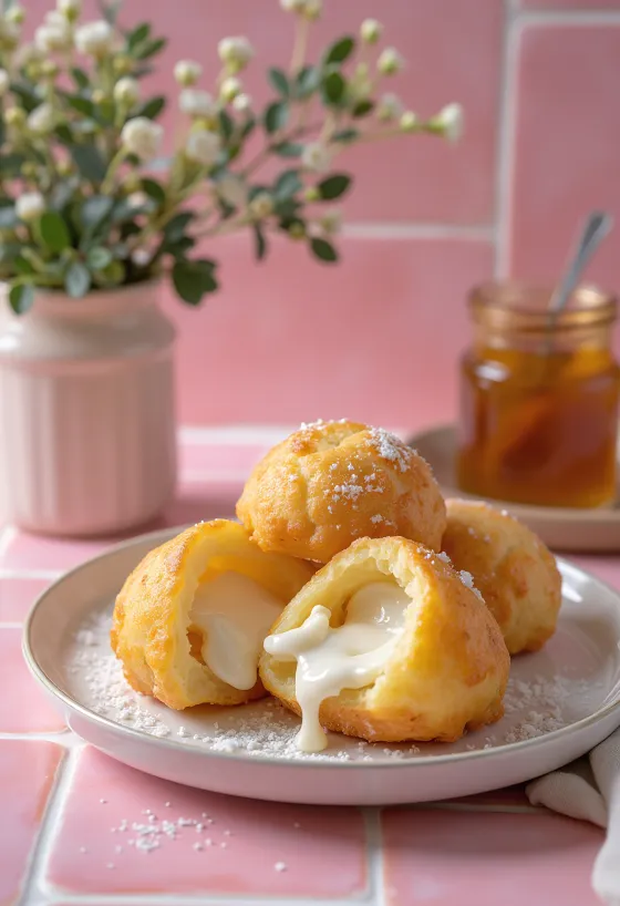 Æbleskiver ricottás töltelékkel, aranybarna színben, porcukorral megszórva tálalva