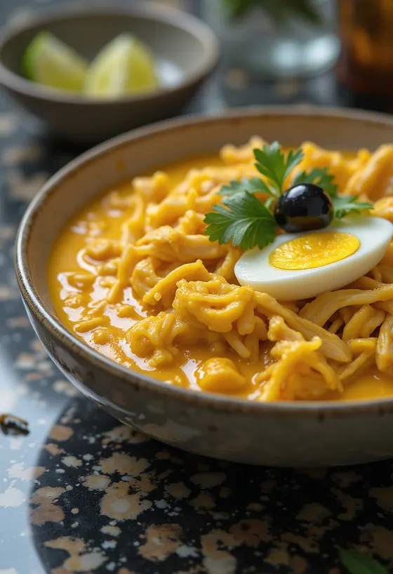 Ají de Gallina gluténmentes csirke földimogyoróval és sárga chilivel tálalva
