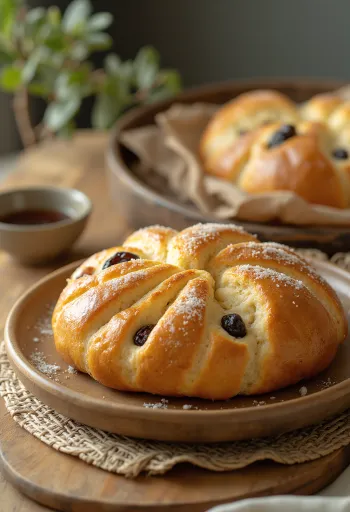 Bannock skót Selkirk módra, frissen szeletelve és mazsolával díszítve