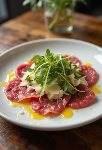 Bélszín carpaccio rukkolával és parmezánnal tálalva