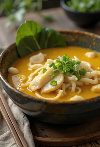 Bogor laksa, tamarindos kókusz alapú leves csirke, tészta és friss zöldségekkel tálalva.
