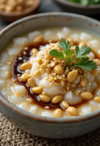Földimogyorós congee, tálalva pirított földimogyoróval, szezámmaggal és korianderrel