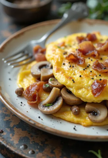 Gombás omlett baconnel, frissen tálalva