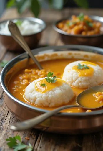 Frissen készült idli sambarral, gőzölt idli és fűszeres lencse szósz