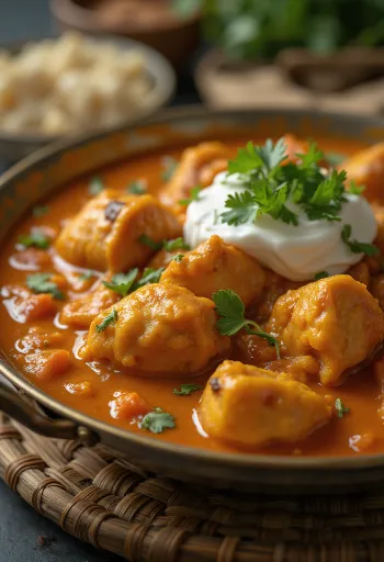 Csirke tikka masala krémes paradicsomos szószban, friss korianderrel díszítve