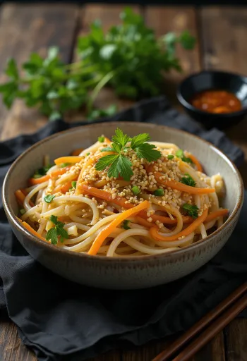 Japchae gyömbérrel tálalva, édesburgonya tésztával és zöldségekkel