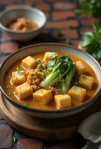 Kare-Kare tofuval, mogyorós szósszal, zöldségekkel tálalva