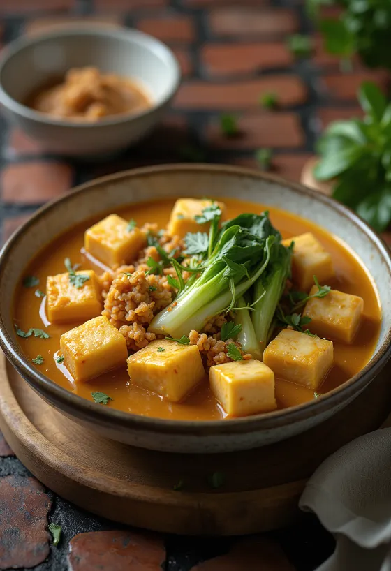 Kare-Kare tofuval, mogyorós szósszal, zöldségekkel tálalva