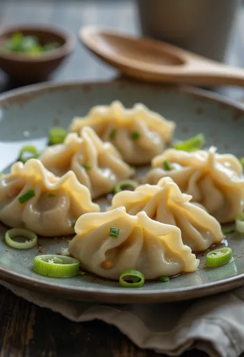 Kínai tofus jiaozi főzve, porcelántányéron tálalva, töltelék látható