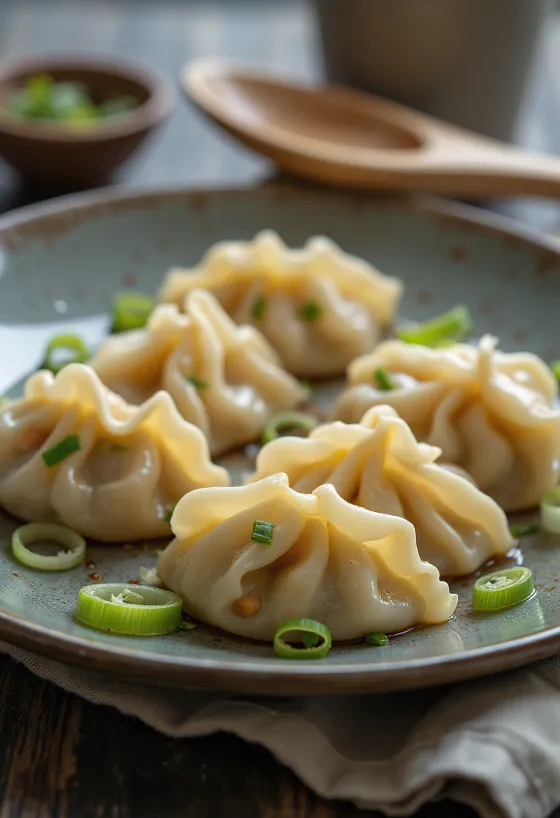 Kínai tofus jiaozi főzve, porcelántányéron tálalva, töltelék látható