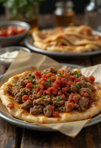 Lahmacun fűszeresen, friss tésztával és fűszeres húsos töltelékkel tálalva