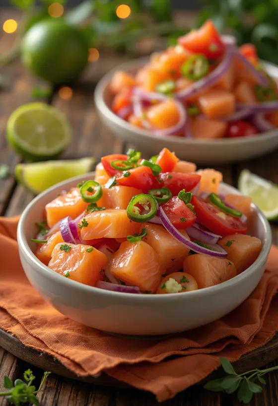 Lomi salmon lime-mal, lazac, paradicsom és friss zöldfűszerek