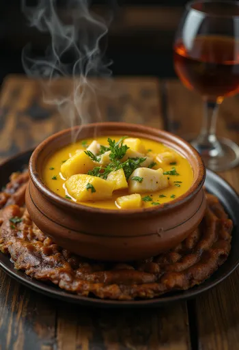 Moqueca tálalva ananásszal, halakkal és kókusztejjel