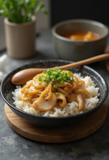 Negi-miso zöldhagyma és miso töltelékű Oyakodon tálalva, friss tojással