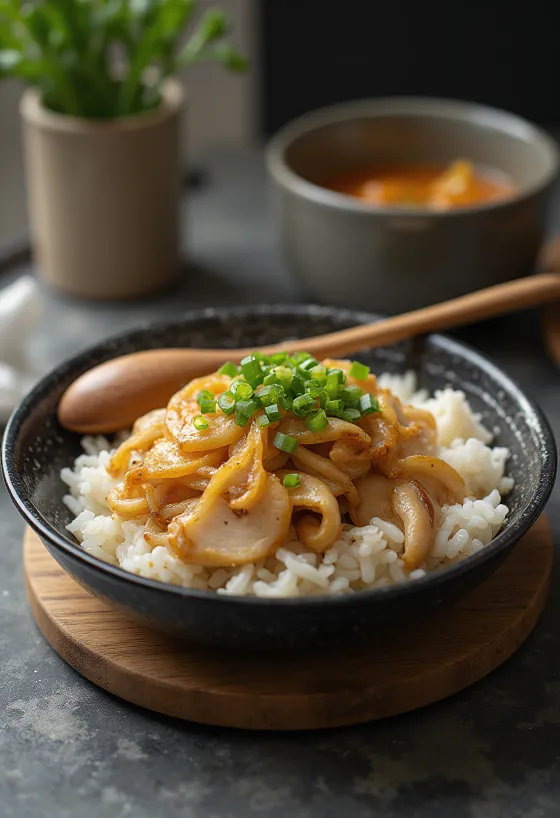 Negi-miso zöldhagyma és miso töltelékű Oyakodon tálalva, friss tojással