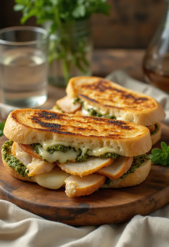 Panini csirkével, mozzarellával és pesto szósszal, grillezve