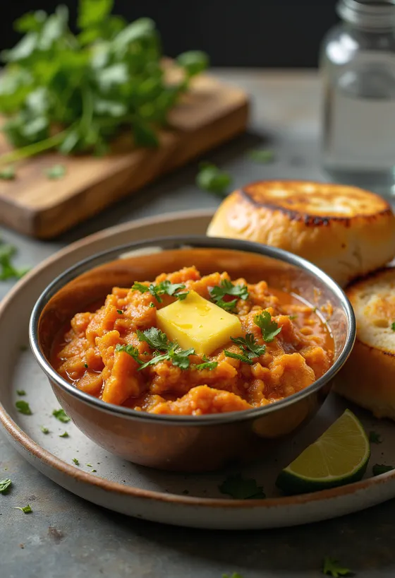 Pav bhaji csípősen tálalva, pirított zsömlével és friss korianderrel