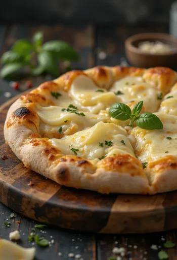 Pizza ai Formaggi tálalva különféle sajtokkal és friss bazsalikommal