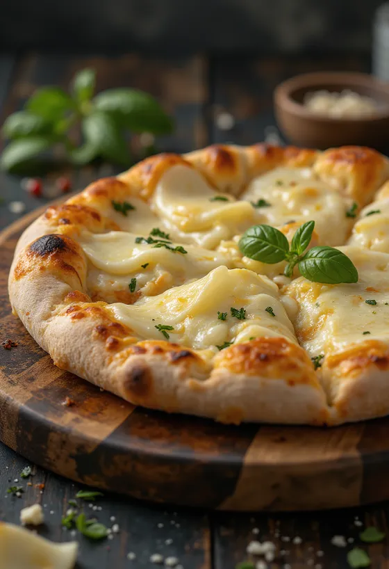 Pizza ai Formaggi tálalva különféle sajtokkal és friss bazsalikommal